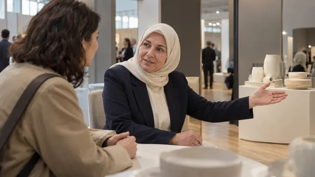 Fuar standında ziyaretçileri karşılayan, tanıtım broşürlerini sunan ve görüşme alanına yönlendiren fuar hostesi