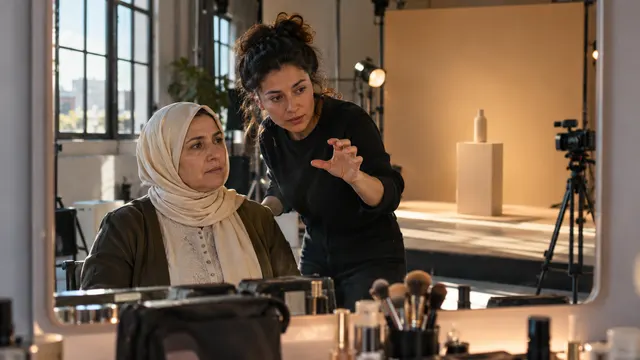 Sade bir çekim alanında kamera karşısındaki adayın tanıtım videosunu izleyen oyuncu seçimi ekibi ve ajans temsilcisi