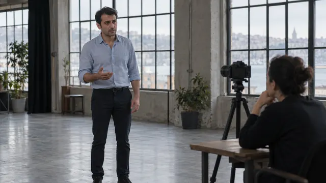 Oyunculuk ajansı görüşmesinde doğal başvuru fotoğraflarını inceleyen aday ve çekim sürecini anlatan ekip üyesi