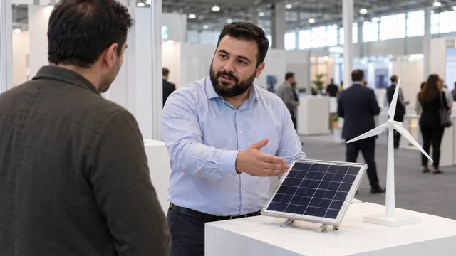 Enerji fuarında ziyaretçiyi karşılayan, tanıtım broşürlerini düzenleyen ve stant ekibiyle iletişim kuran görevli