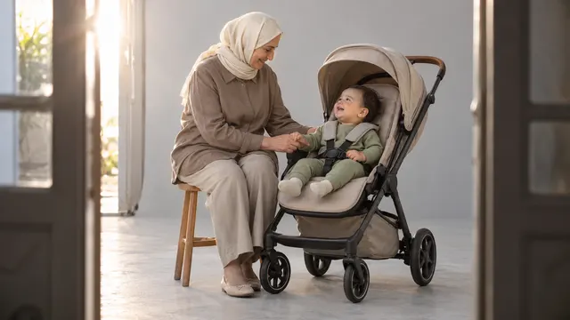 Bebek arabasının yanında duran anne ve arabada rahatça oturan bebeğin doğal ışıkta katalog çekimi pozu