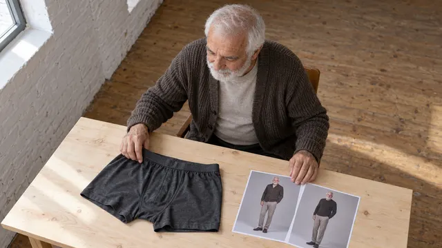 İç giyim katalog çekiminde sade fon önünde ürünün duruşunu gösteren yetişkin model ve stüdyo ışıkları