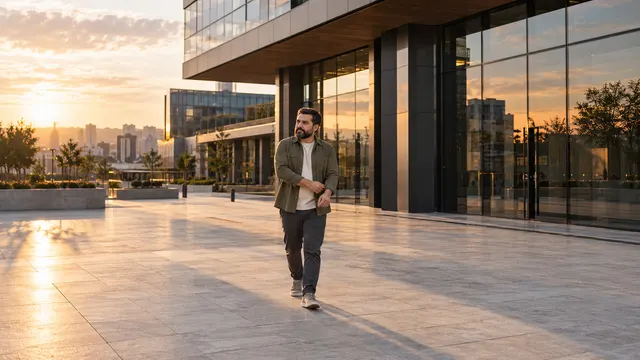 Sade bir fonda gömleğin kesimini göstermek için yan duran ve fotoğrafçının yönlendirmesini izleyen katalog modeli
