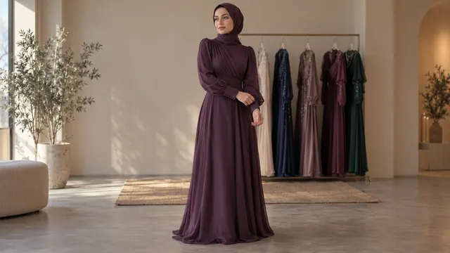 Sade stüdyo ortamında tesettür abiyenin kol işlemelerini ve etek dökümünü gösteren katalog modeli