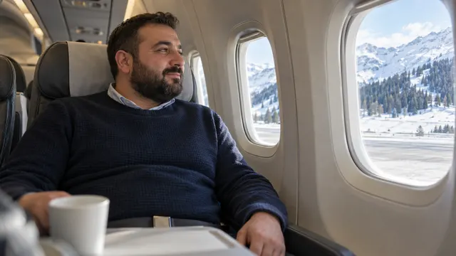 Uçak kabini dekorunda yolcu koltuklarında oturan oyuncuların havayolu reklamı çekimine hazırlandığı sahne